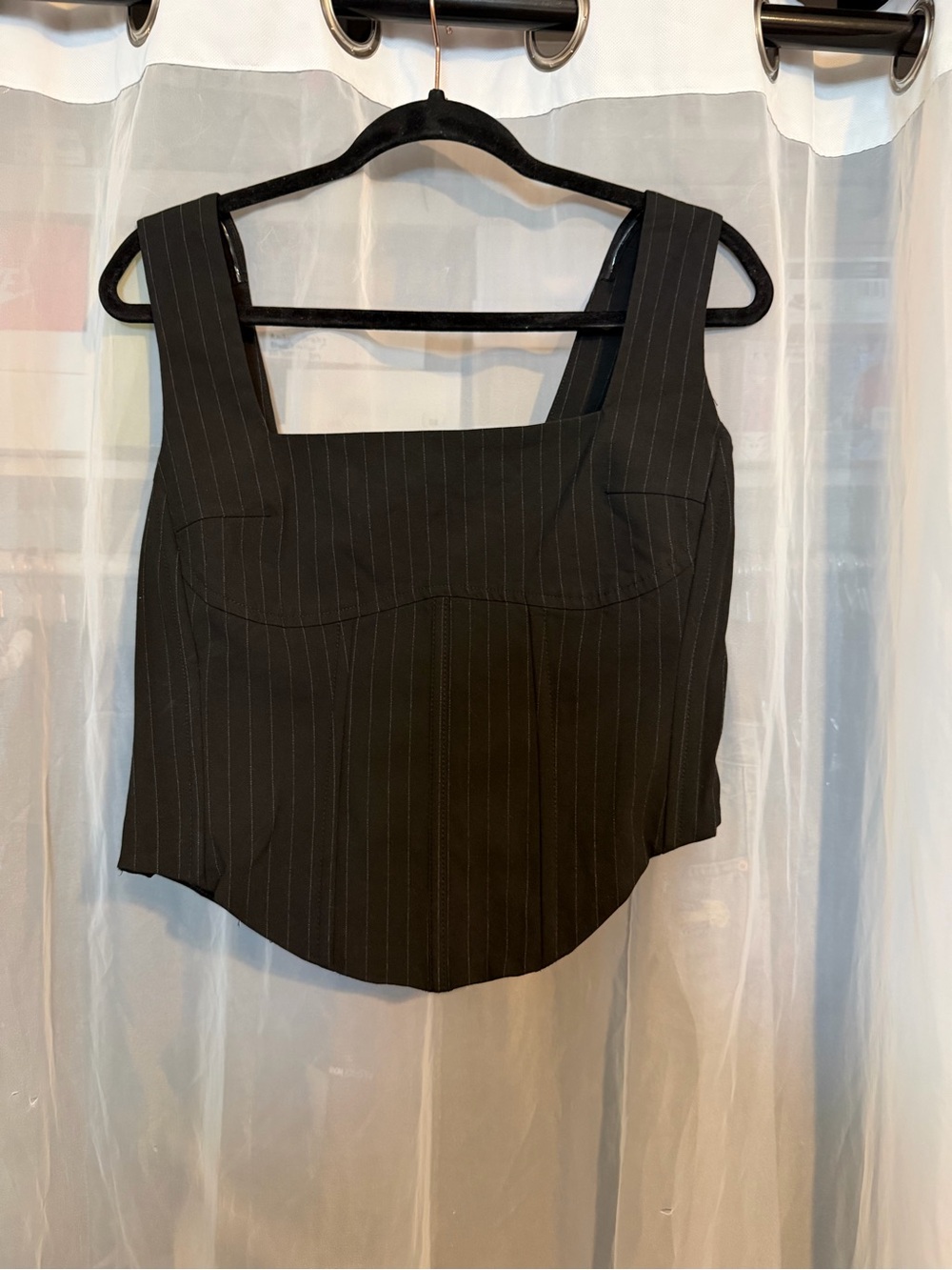 Maniere De Voir Black Pinstripe Square-Neck Corset Tank *SHRUNKEN*